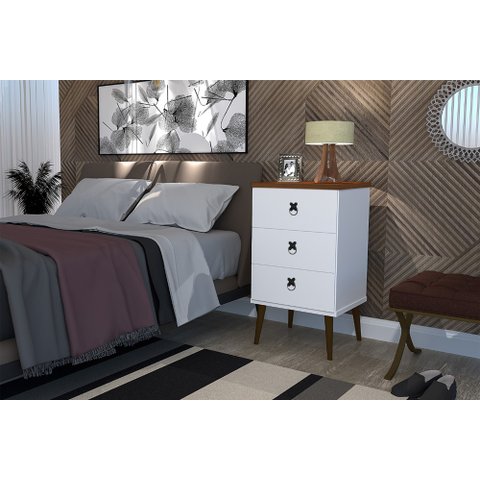 Mesa de Cabeceira Madri Retrô com Pés Palito 3 Gavetas Branco Cacau