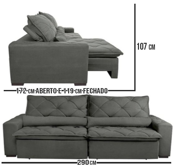 Sofá Monaco 292cm Retrátil Reclinável Suede Cinza - 2