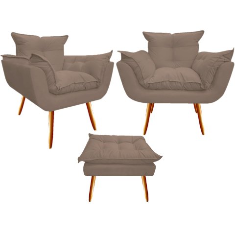 Kit 2 Poltronas + Puff Decorativo Opala Suede Capuccino Pés Madeira Ms Decor