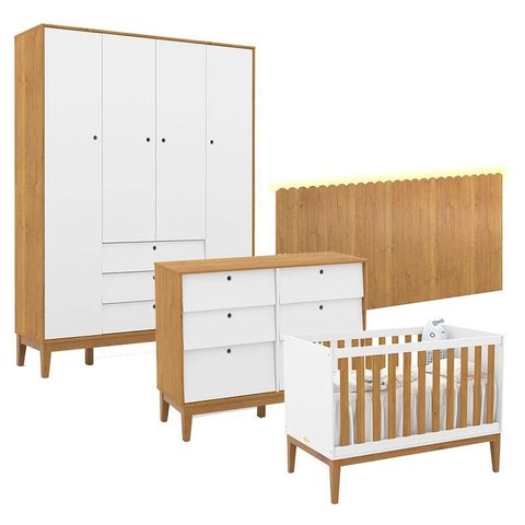 Quarto de Bebê Unique 4 Portas com Cômoda 6 Gavetas e Painel Farm com Led Branco Soft Freijó Eco Woo