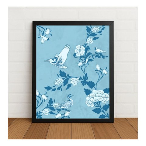 Quadro Pássaros e Rosas Estilo Porcelana A4 33x24cm c/Vidro Preto