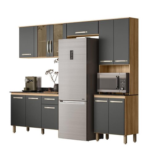 Armario de Cozinha com Balcão Fit com 11 Portas e 1 Gaveta Freijo-chumbo Freijo-chumbo
