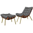 Ver imagem 1 de Poltrona com Puff Sala Quarto Recepção Escritório Costela Esqueleto Base Dourada Linho Chumbo