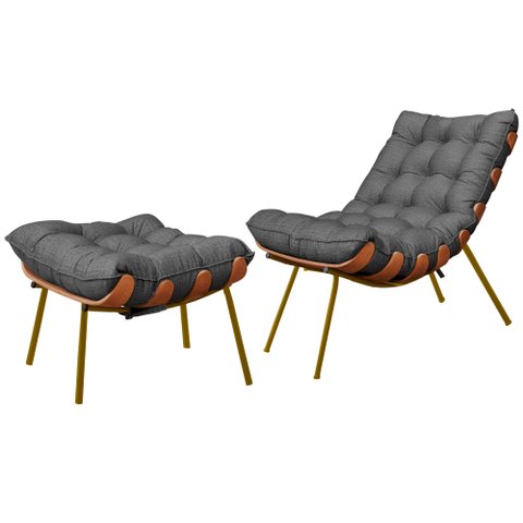 Poltrona com Puff Sala Quarto Recepção Escritório Costela Esqueleto Base Dourada Linho Chumbo