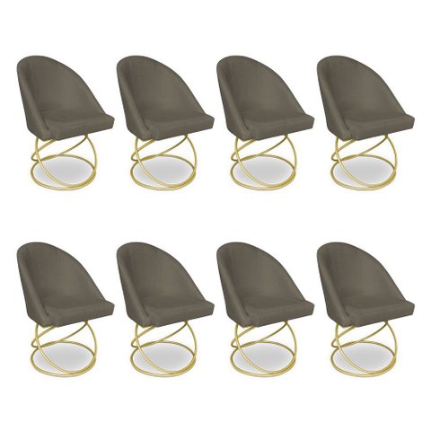 Kit 08 Cadeiras Poltrona de Jantar Bela Suede Marrom Rato Base Metálica Luxo Dourado - Pallazio