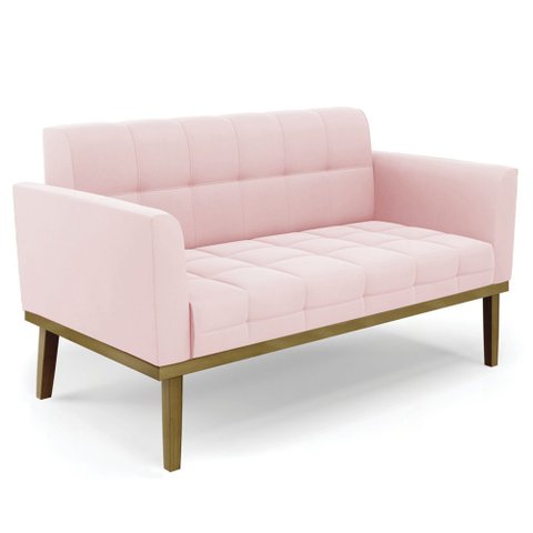 Sofá Namoradeira Base Madeira Castanho Ana Suede Rosa Bebê - Ibiza