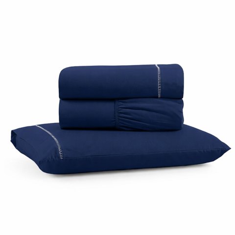 Jogo de Lençol Solteiro Premium Soft 600 Fios Micropercal Azul Marinho Ponto Palito Toque Macio 3 Pe