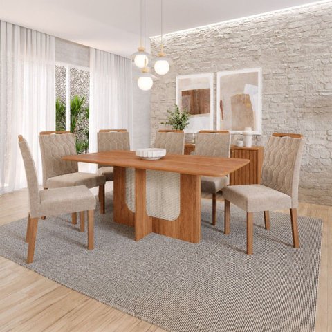 Sala de Jantar 6 Lugares 160 cm Matilda Cadeiras Madeira Maciça Cinamomo/Bege - Panorama Móveis