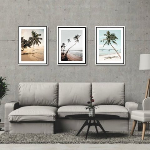 Kit 3 Quadros Fotos Paisagens Praia Coqueiros 24x18cm - com Vidro:madeira Branca