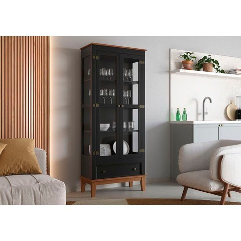 Cristaleira de Madeira Maciça 2 Portas + 1 Gaveta - Cor: Preto