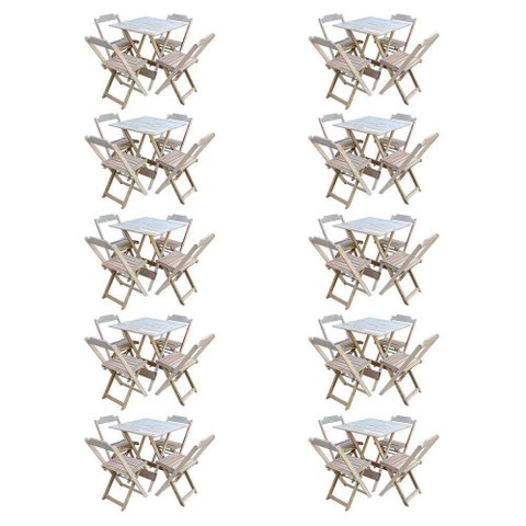 Kit 10 Conjuntos De Mesa Com 4 Cadeiras De Madeira Dobravel 70X70 Sem Pintura/Crua - Marrom