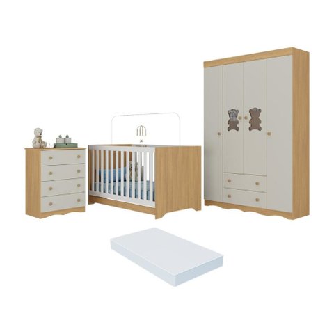 Quarto de Bebê Completo Berço Americano 3 em 1 Colchão Doçura Multimóveis Mp4666 Madeirado/off