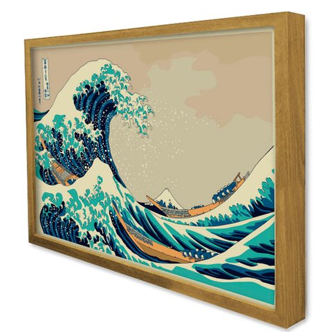 Quadro Decorativo a Grande Onda de Kanagawa em Moldura Caixa Tacolado Moldura Caixa 3cm Freijó com V