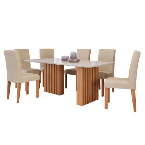 Mesa de Jantar Tampo de Vidro Off White Ester 1,80 com e 6 Cadeiras Maia Cinamomo/gengibre