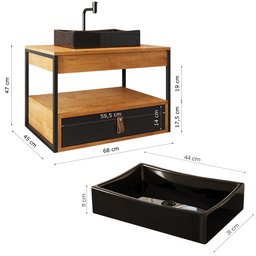 Gabinete para Banheiro Harley 1 Gaveta e Cuba Dalla Preta Preto/canela/preto - 4 Gabinete para Banheiro Harley 1 Gaveta e Cuba Dalla Preta Preto/canela/preto - 4