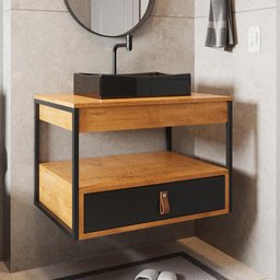 Gabinete para Banheiro Harley 1 Gaveta e Cuba Dalla Preta Preto/canela/preto - 5 Gabinete para Banheiro Harley 1 Gaveta e Cuba Dalla Preta Preto/canela/preto - 5