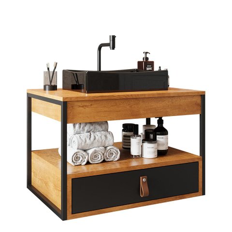 Gabinete para Banheiro Harley 1 Gaveta e Cuba Dalla Preta Preto/canela/preto