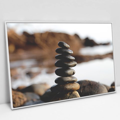 Quadro Decorativo em Canvas Meditação e Equilíbrio - Moldura Branca - 90 x 60cm