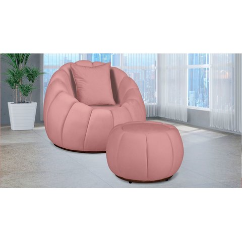 Kit Poltrona c/ Puff + Almofada Concha Veludo Rosa