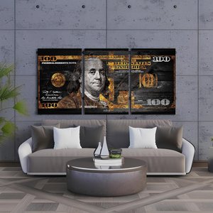 Kit 3 Quadro Decorativo Dinheiro Dólar Dourado Real Riqueza 28x20cm