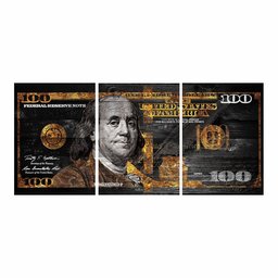 Kit 3 Quadro Decorativo Dinheiro Dólar Dourado Real Riqueza 28x20cm - 3