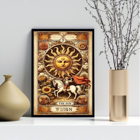 Quadro Carta Tarot Vintage - The Sun 33x24cm:moldura Branca