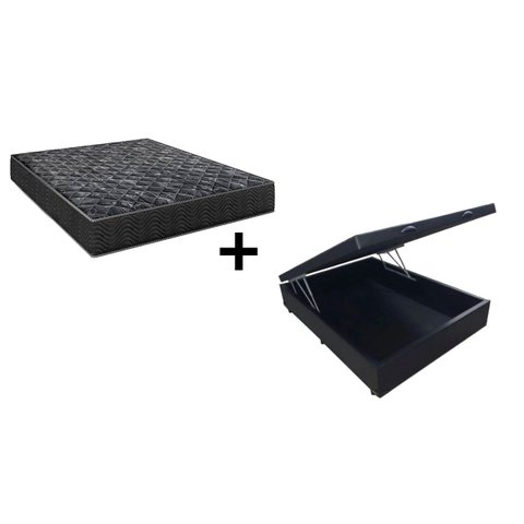 Cama Box Baú Casal 138 Tecido Sintético Preto com Colchão Lisboa Espuma D28 Preto