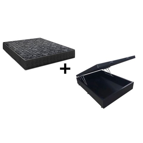 Cama Box Baú Casal 138 Tecido Sintético Preto com Colchão Lisboa Espuma D28 Preto