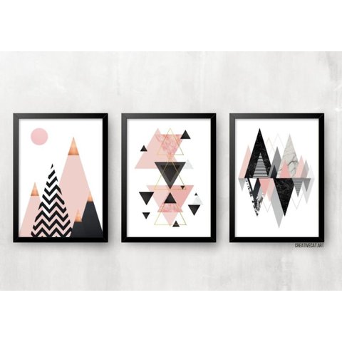 Kit 3 Quadros para Casa - Geométrico Rose:preta