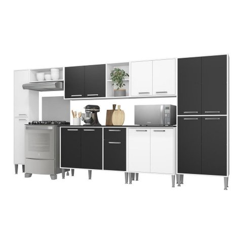 Cozinha Compacta Com Armário E Balcão Xangai Blues Multimóveis Branca/Preta Branco/Preto