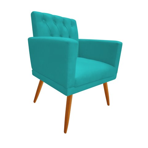 Poltrona Decorativa Nina Capitonê Suede Azul Tifany Pés Maderia Mz Decor