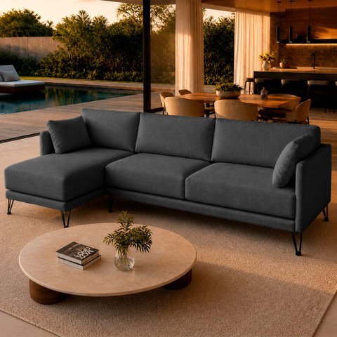 Sofá Sala de Estar Atena Chaise Esquerdo Pés de Ferro 254cm 4 Lugares Linho Grafite M1 - Monari Desi