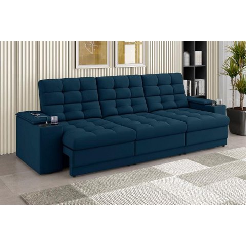 Sofá Confort Premium 2,30m Assento Retrátil e Reclinável Porta Copos e USB Suede Azul - Xflex Sofas