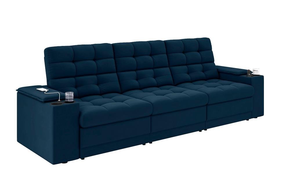 Sofá Confort Premium 2,30m Assento Retrátil/reclinável Porta Copos e Usb Suede Azul - Xflex Sofas - 4