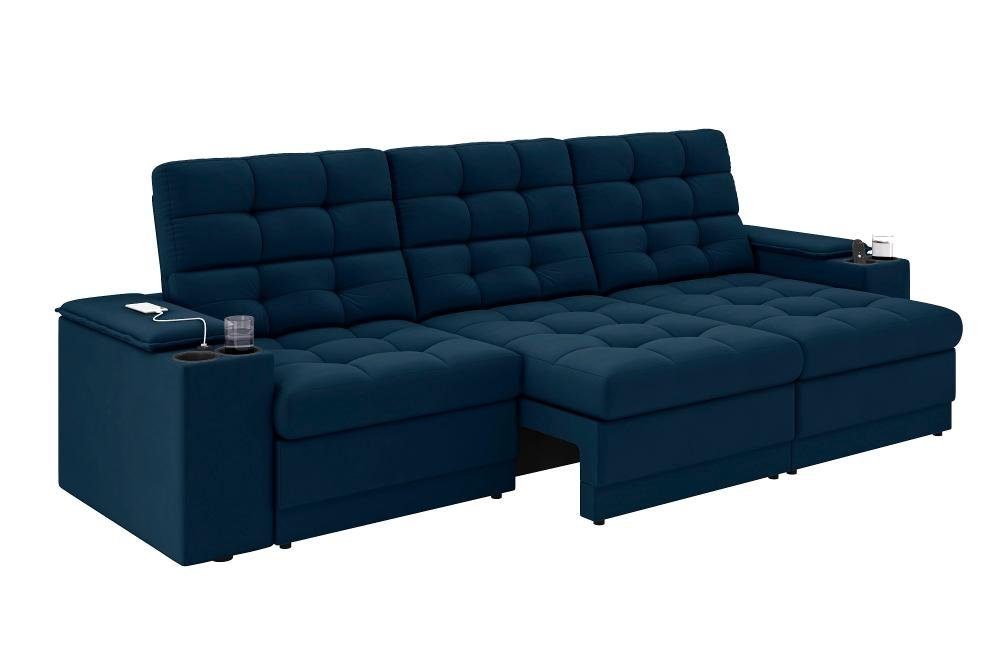 Sofá Confort Premium 2,30m Assento Retrátil/reclinável Porta Copos e Usb Suede Azul - Xflex Sofas - 3