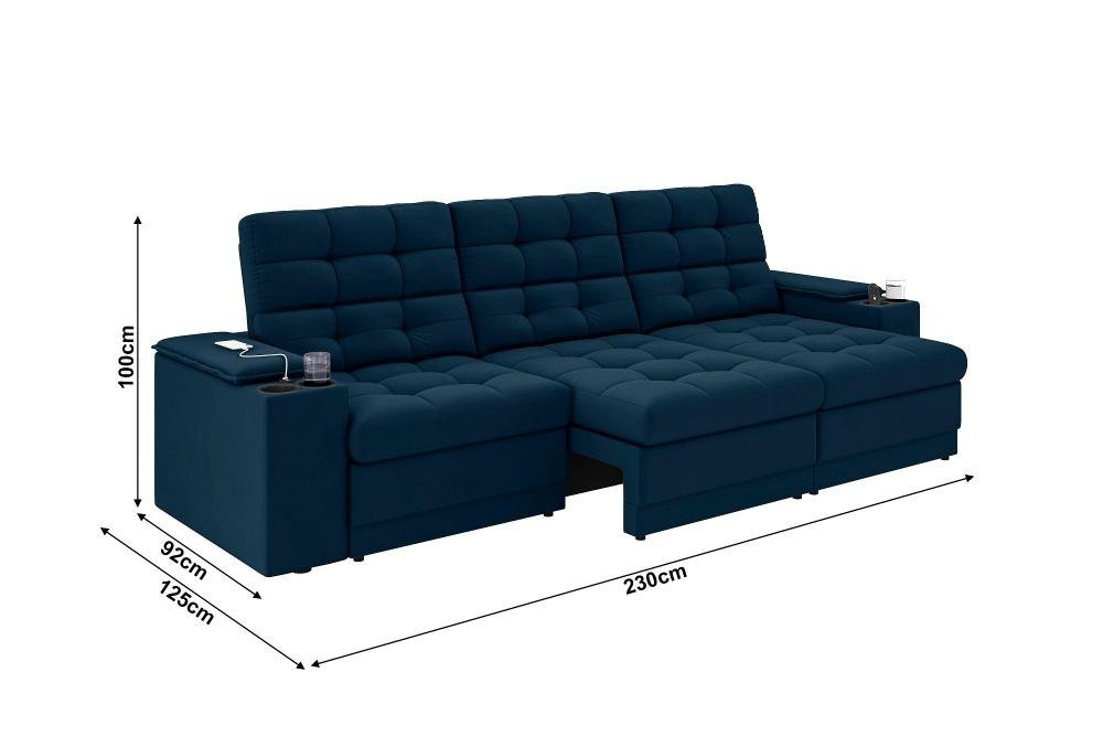 Sofá Confort Premium 2,30m Assento Retrátil/reclinável Porta Copos e Usb Suede Azul - Xflex Sofas - 2