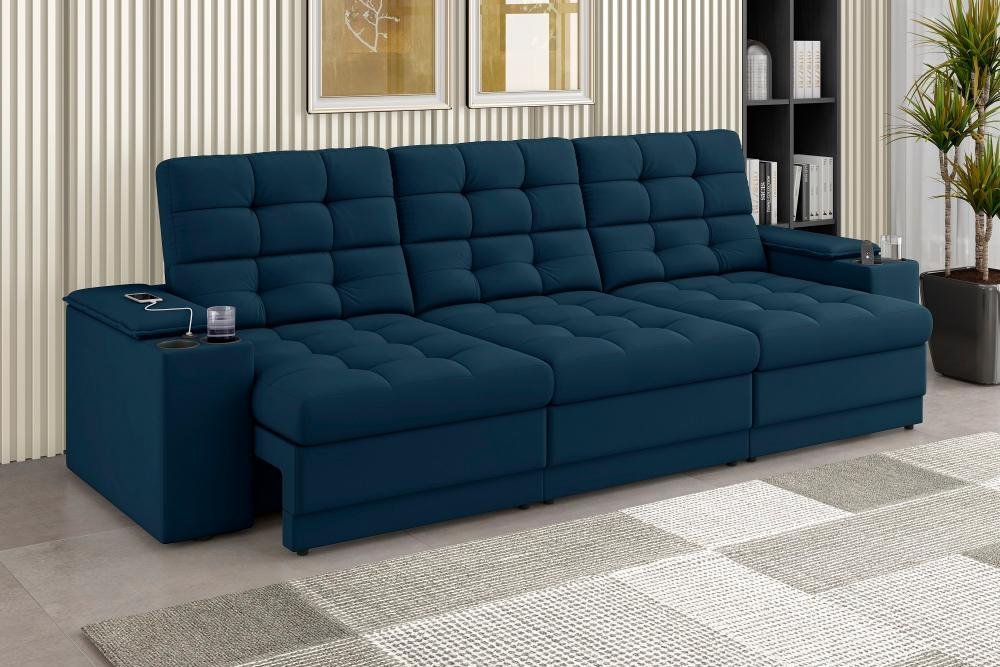 Sofá Confort Premium 2,30m Assento Retrátil/reclinável Porta Copos e Usb Suede Azul - Xflex Sofas - 1