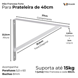 8x Suporte Mão Francesa Forte P/ Prateleira 40cm - Branca - 2
