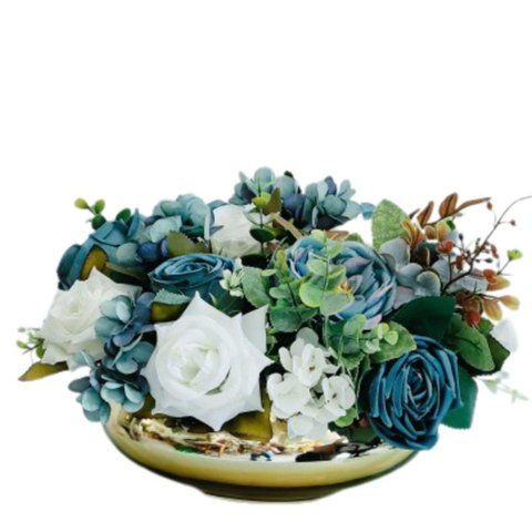 Arranjo com Flores Rosas Mistas Azul Artificiais Vaso Ouro
