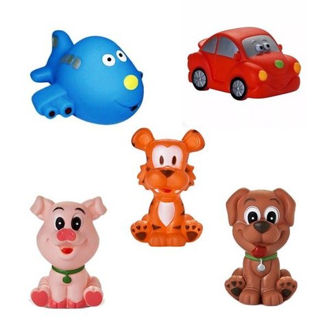 Kit com 5 Brinquedos de Vinil para Bebê Maralex - Carro, Avião, Porco, Cachorro e Tigre