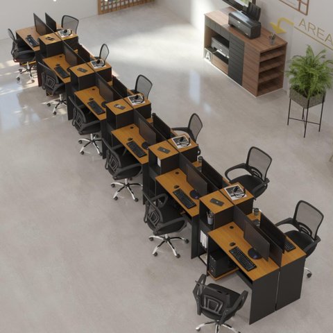 Estação de Trabalho 12 Lugares Smart Office 12 Mesas 10 Armários Livreiro - Preto e Cedro