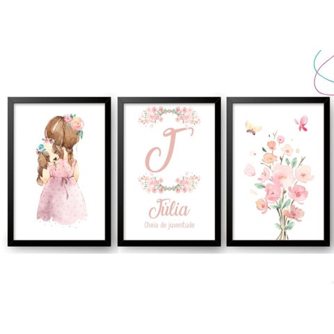 Quadros Decorativos Infantil Menina Aquarela Flores Cachorro:preta