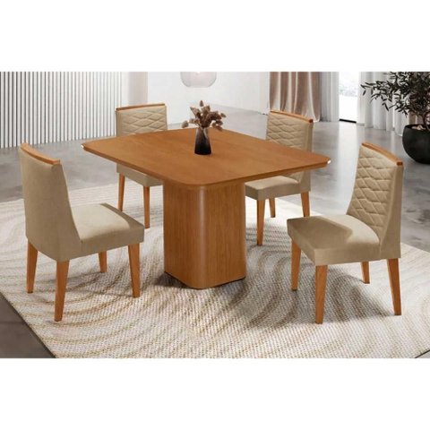 Conjunto: Mesa de Cozinha Maldivas C/ Tampo Madeirado Canto Curvo 90x90cm e 4 Cadeiras Maldivas