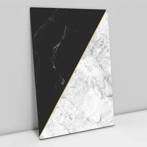 Quadro Decorativo em Canvas Geométrico Mármore Branco e Preto TaColado Moldura Preta 120 x 80cm
