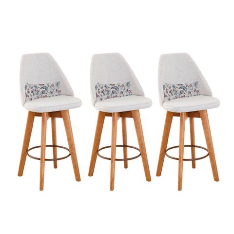 Kit 03 Banquetas Alta Maya Giratória Com Encosto Gourmet Linho Bege e Almofada Flores - Gat
