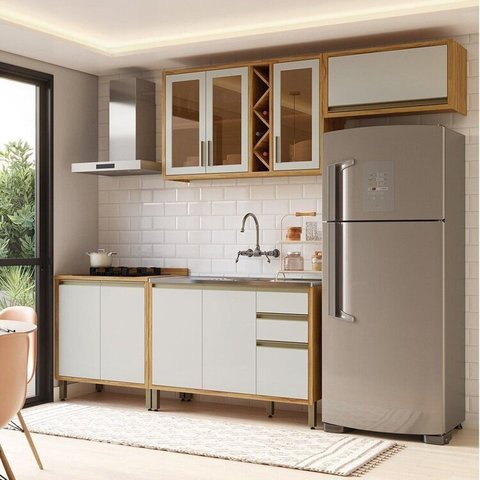 Armário de Cozinha Compacta Modulada 4 Peças 8 Portas com Vidro 280cm 100% MDF Barbados Espresso Móveis Bege/Amêndoa/Off White