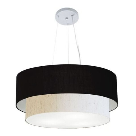 Lustre Pendente Duplo Cilíndrico Vivare Md-4179 Cúpula em Tecido 70x60cm - Preto / Linho Bege