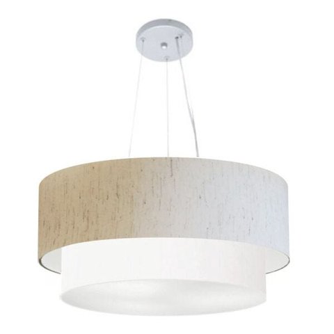 Lustre Pendente Duplo Cilíndrico Vivare Md-4179 Cúpula em Tecido 70x60cm - Linho Bege / Branco