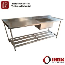 Pia Inox com Prateleira Gradeada e com 1 Cuba Modelo 02 (tamp. Ret.) 300x70x90 Cm - Cuba 60x50 Cm - 6
