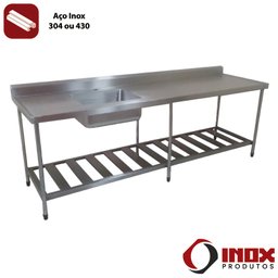 Pia Inox com Prateleira Gradeada e com 1 Cuba Modelo 02 (tamp. Ret.) 300x70x90 Cm - Cuba 60x50 Cm - 2